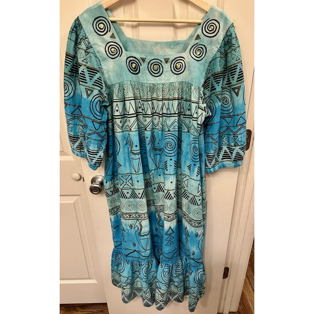 Vintage 60s 70s Ramona Rull 100% Cotton Western Teal Boho Maxi‎ Dress Kaftan 1X